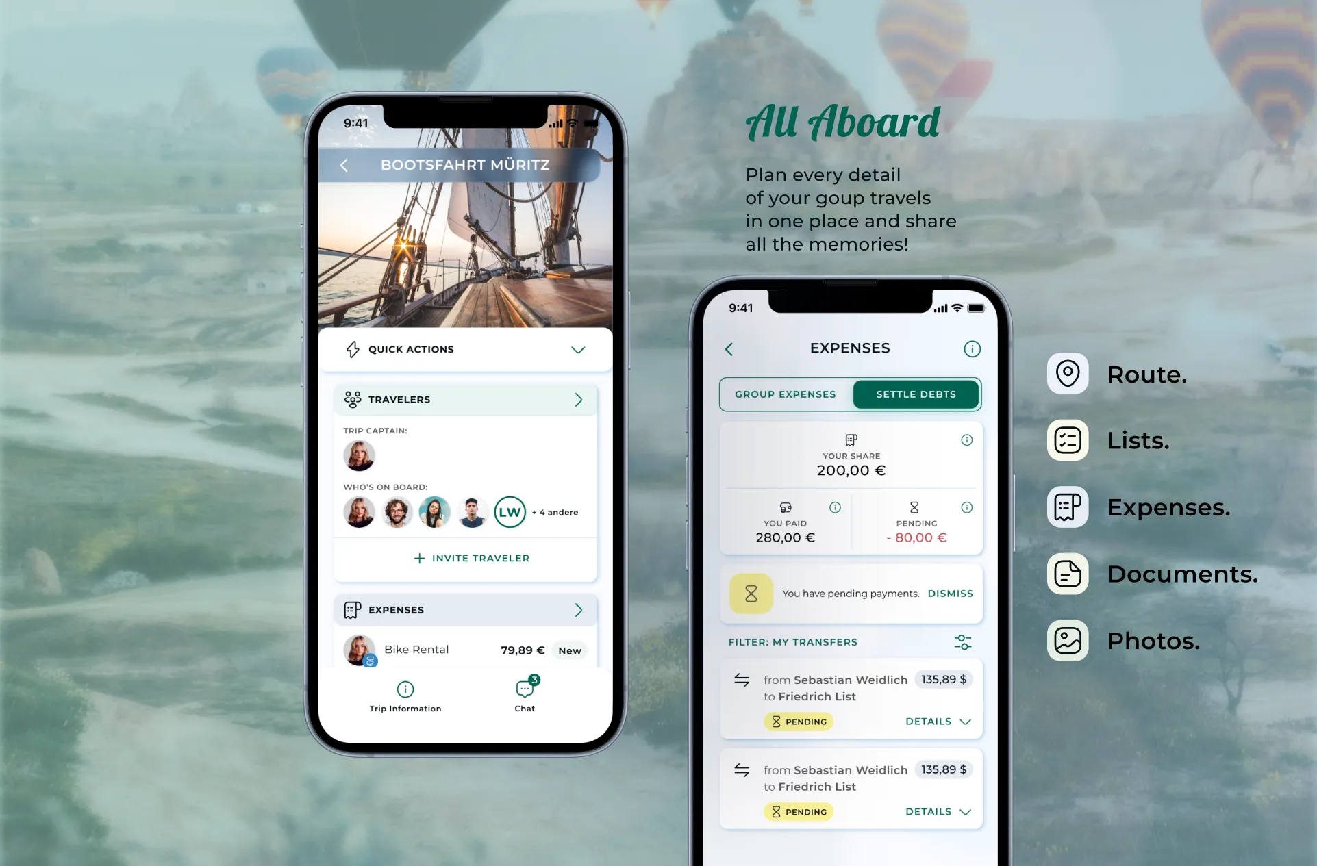 All Aboard app: trip overview with fellow travellers and expense settlement
