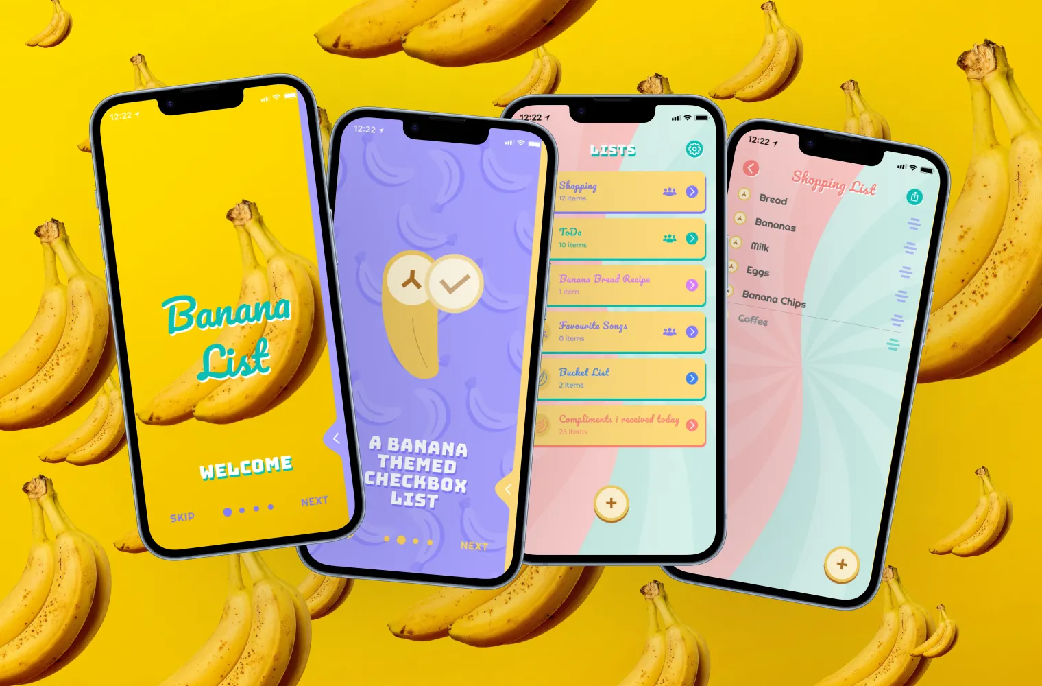 Banana List app: onboarding, list overview and shared shopping list