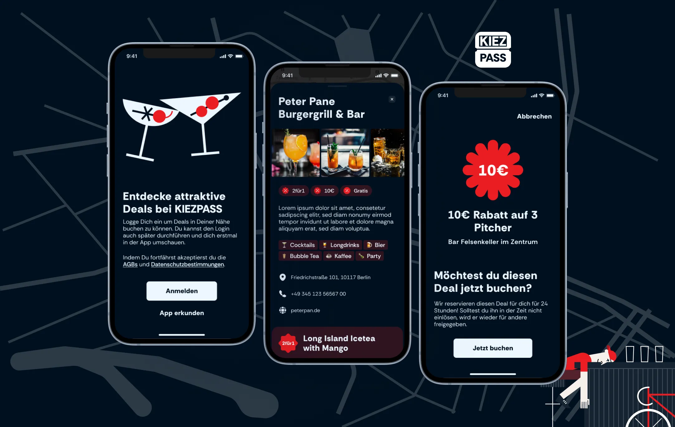 Kiezpass app: login, partner profile with deals, deal booking