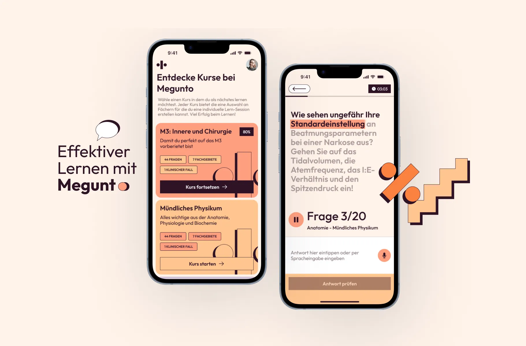 Megunto app: course overview and exam question with voice input