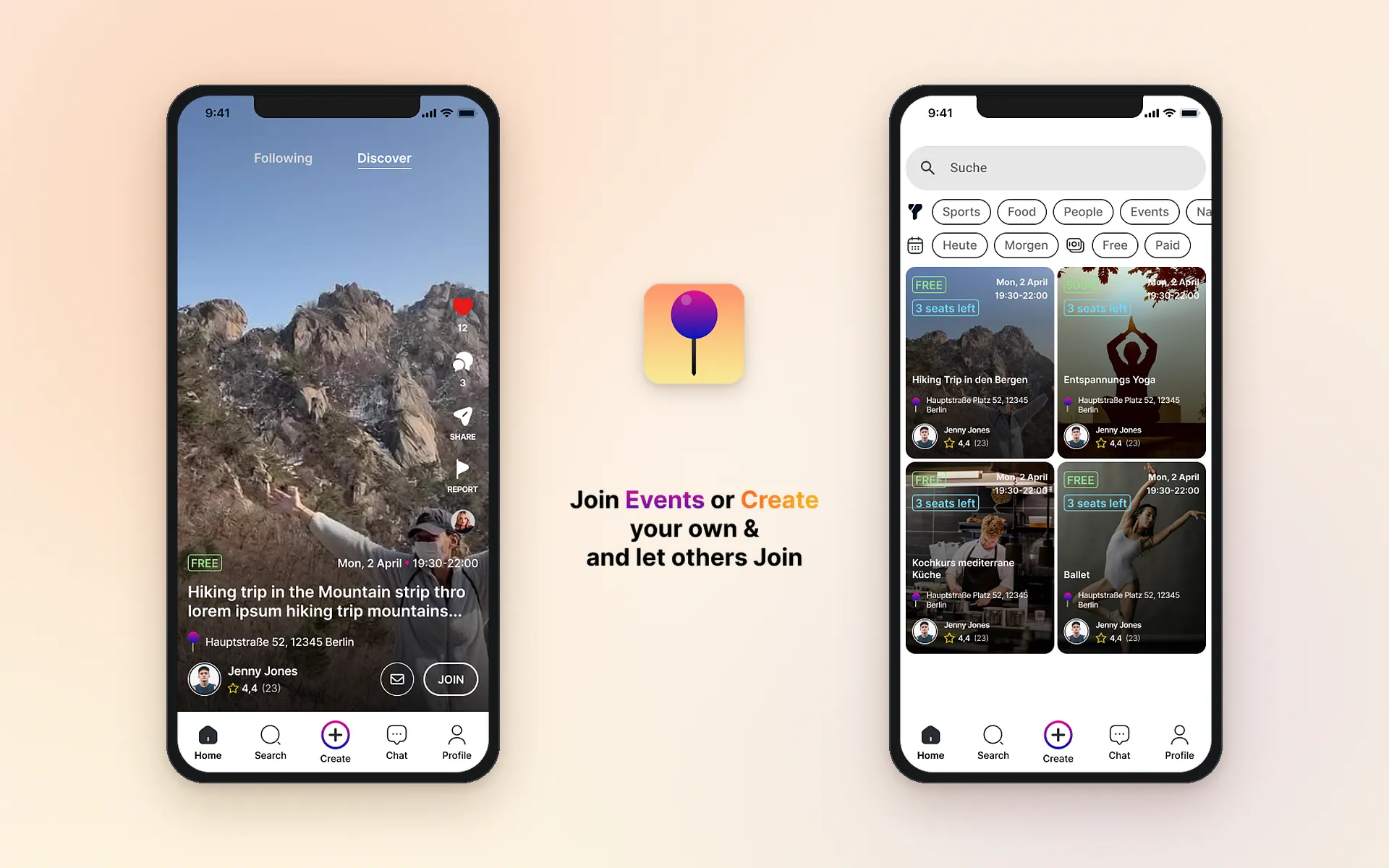 Twiggli app: full-screen event feed and search with filters for category, date and price